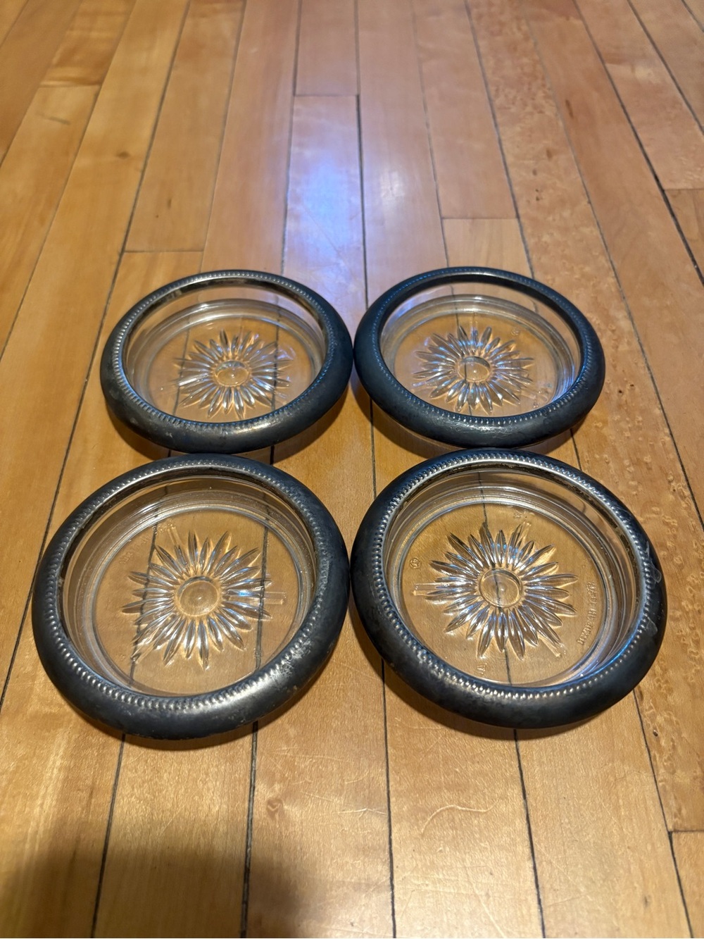 Vintage Leonard Crystal and Silver Plate Coaster Ashtray Set of 4 Made in Italy